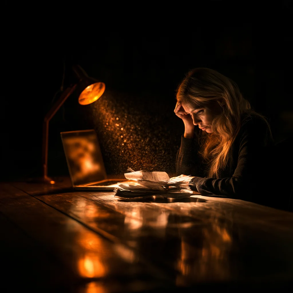A small agency owner at her desk late at night, going through the month's bills under a desk lamp.