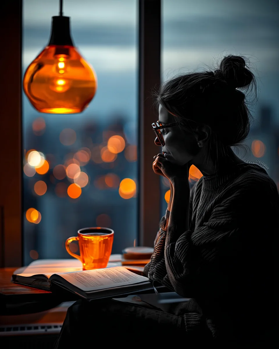 A freelance designer pauses over a notebook and a cup of coffee in the evening.